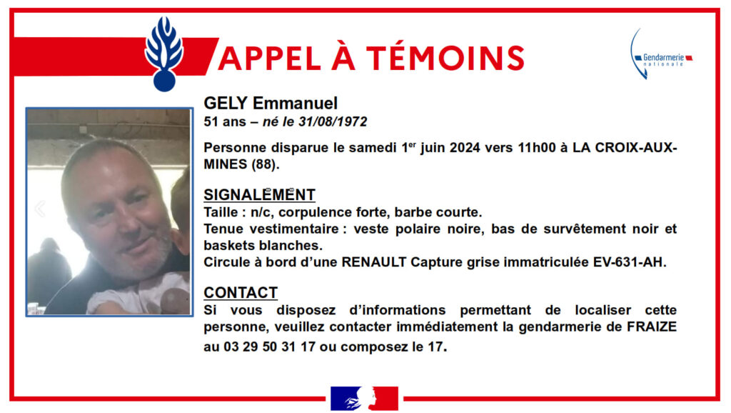 La gendarmerie des Vosges lance un appel à témoins pour une disparition inquiétante