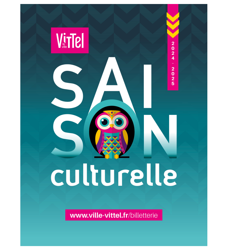 Affiche de la saison culturelle 2024-2025 de la ville de Vittel, au centre il y a un hibou, et l'affiche est dans les tons bleus/verts